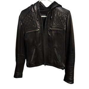 Black Leather Moto Jacket with Quilted Design and Hood